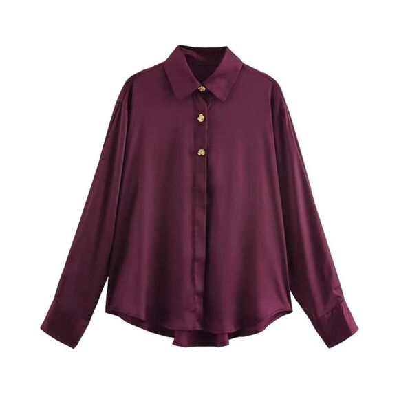 Zara Women Satin Blouse Shirt L Large Red Burgundy Gold button 2138/302 NWT - Picture 3 of 11